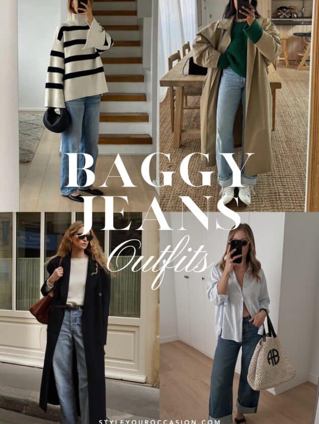 collage of four women wearing outfits with baggy jeans