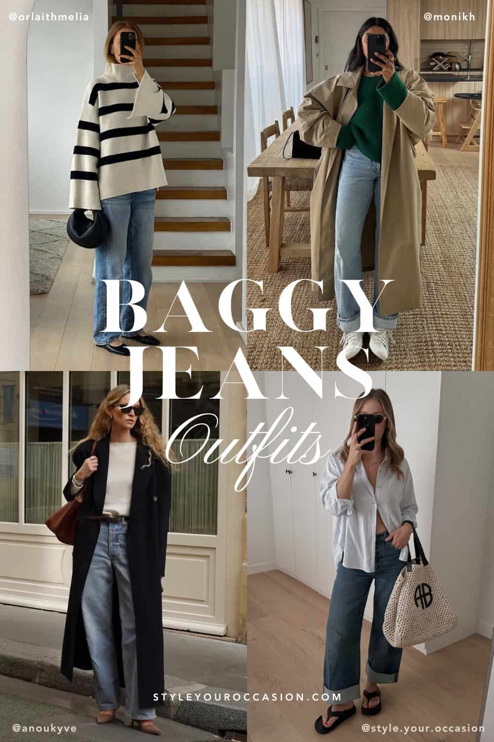 collage of four women wearing outfits with baggy jeans