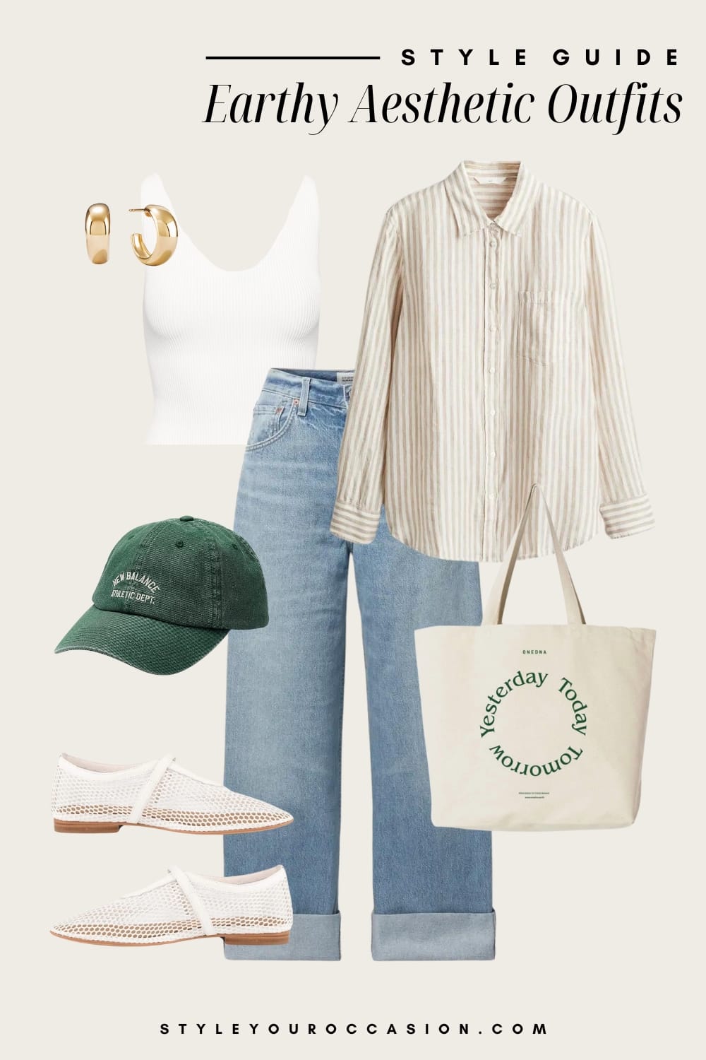 Flat lay outfit graphic of jeans, a white tank top, a striped button down, white mesh mules and a green baseball cap.