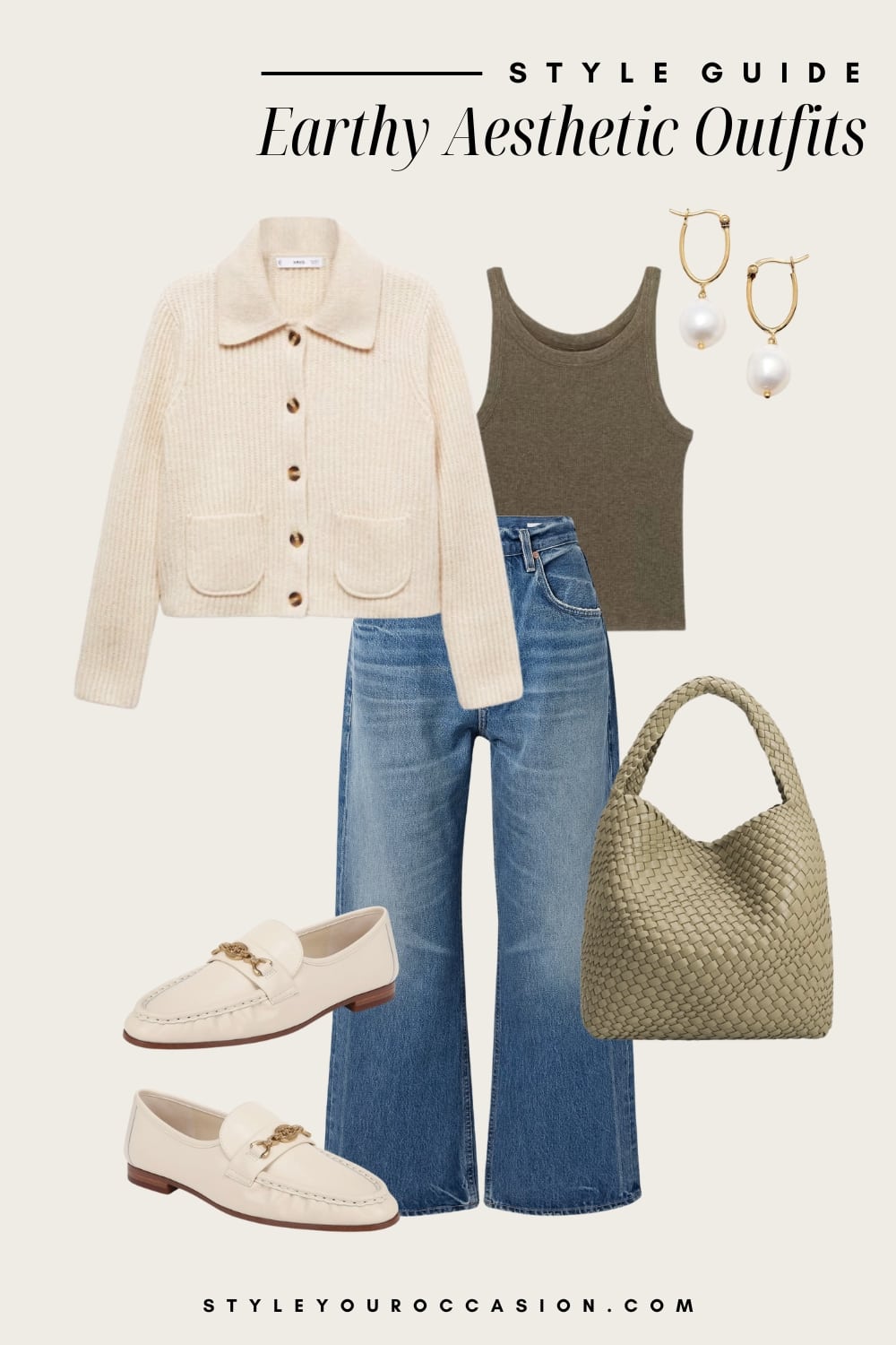 Flat lay outfit graphic of jeans, a brown tank top, a beige cardigan, white loafers and a green purse.