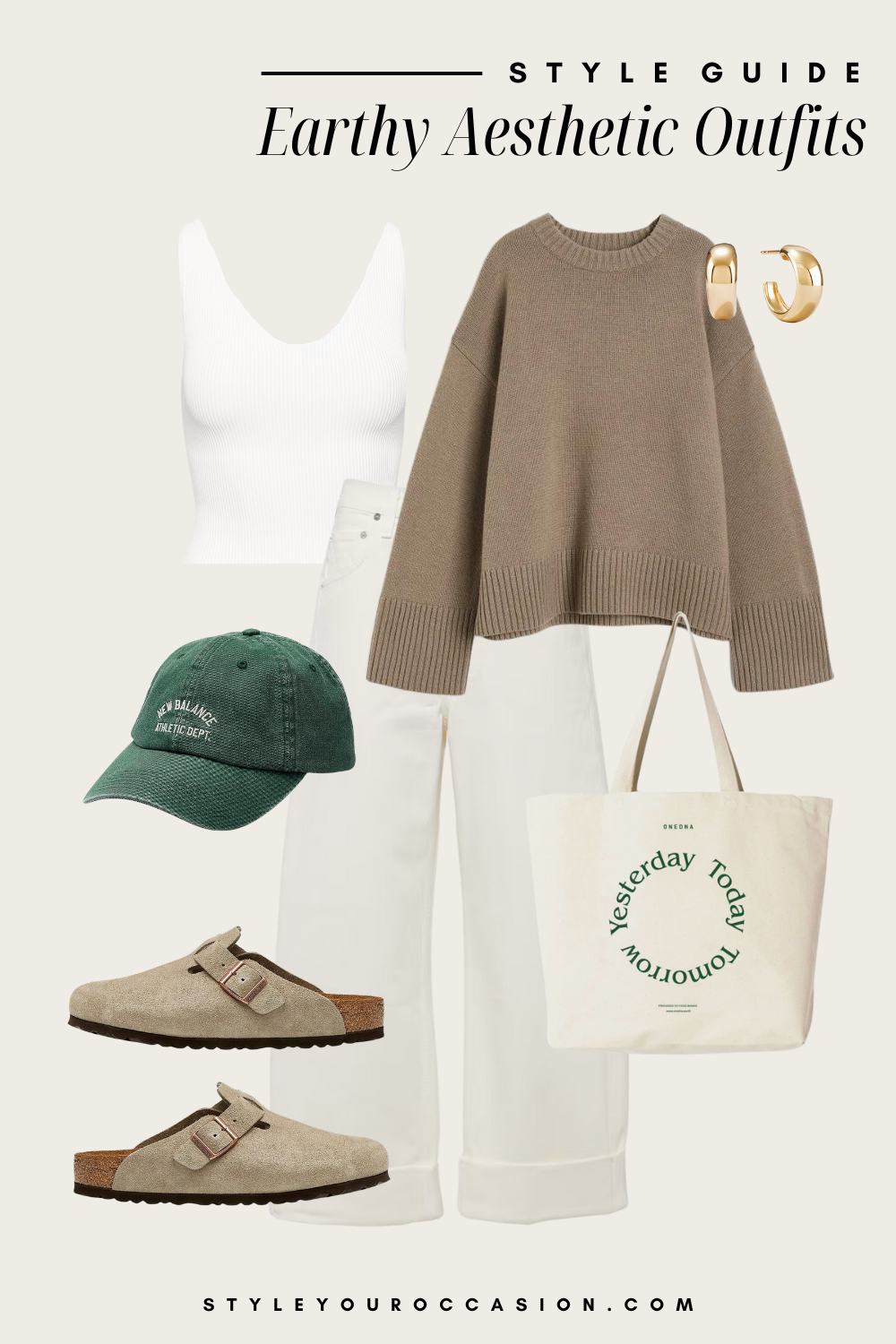 Flat lay outfit graphic of white jeans, a brown sweater, a white tank top, Birkenstocks and a baseball cap.