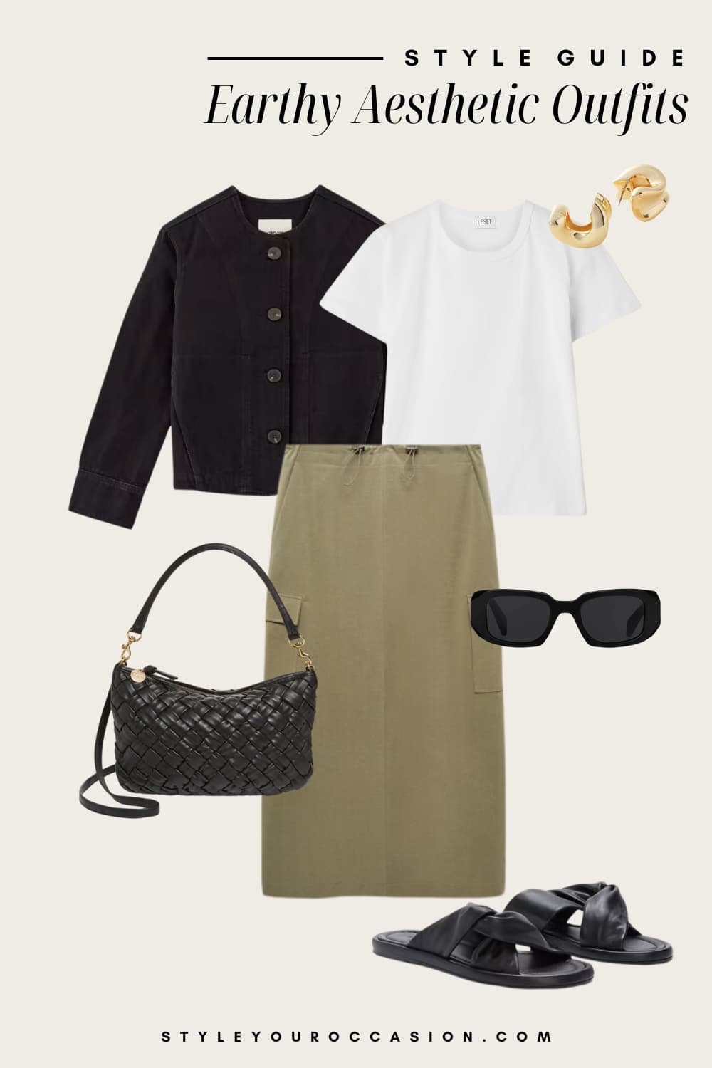 Flat lay outfit graphic of a cargo skirt, white t-shirt, a black cardigan and black accessories.