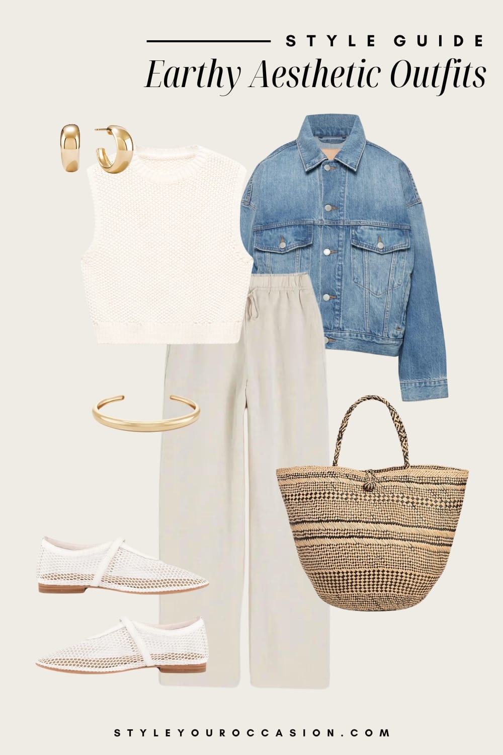 Flat lay outfit graphic of linen pants, a crochet tank top, a denim jacket, white mesh loafers and gold accessories.