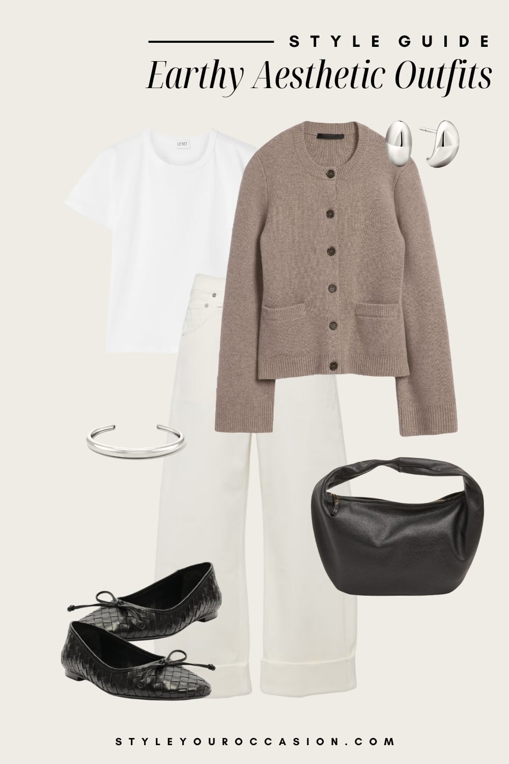 Flat lay outfit graphic of white jeans, a white t-shirt, a brown cardigan and dark brown accessories.