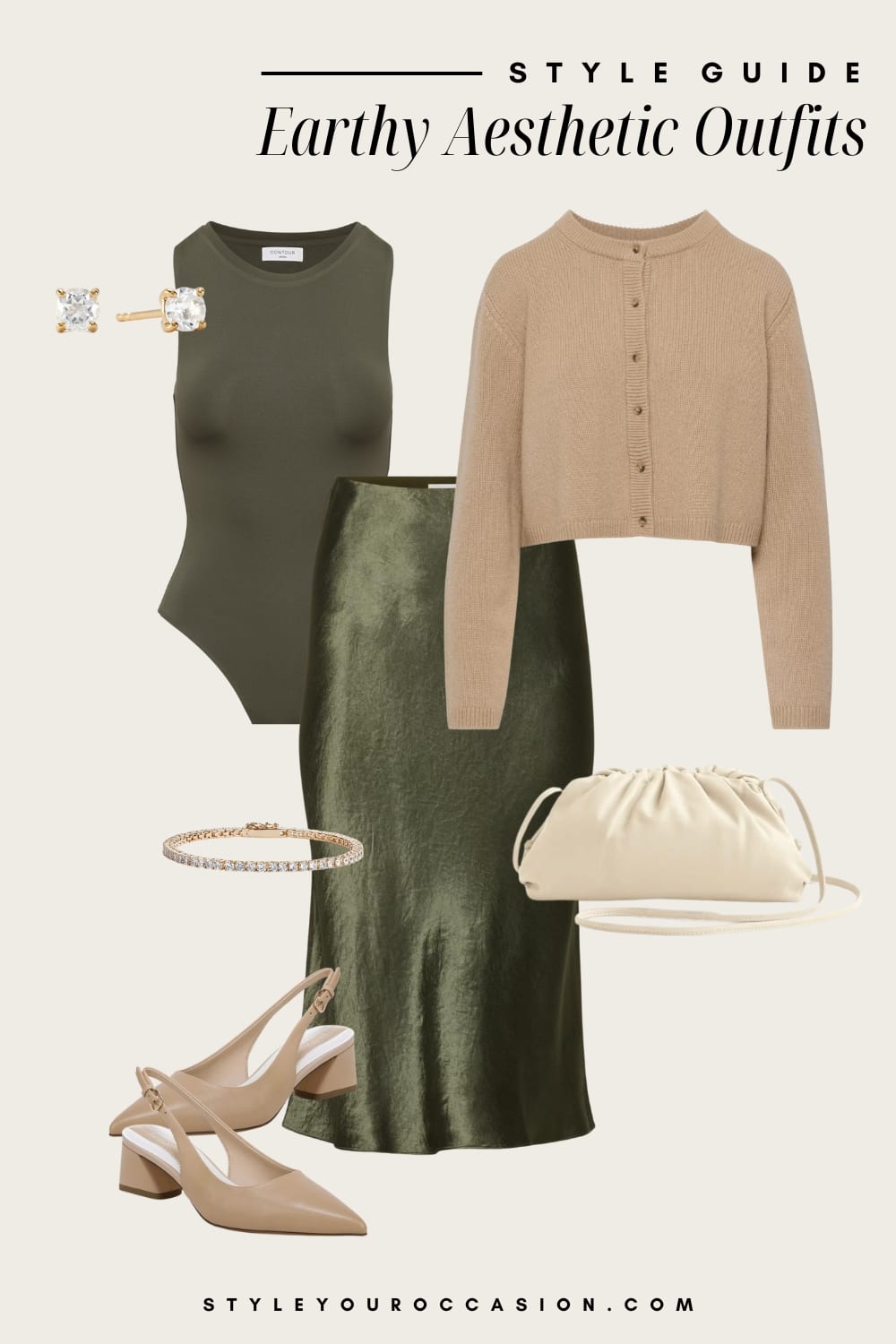 Flat lay outfit graphic of a green slip skirt, a green bodysuit, a tan cardigan and neutral accessories.