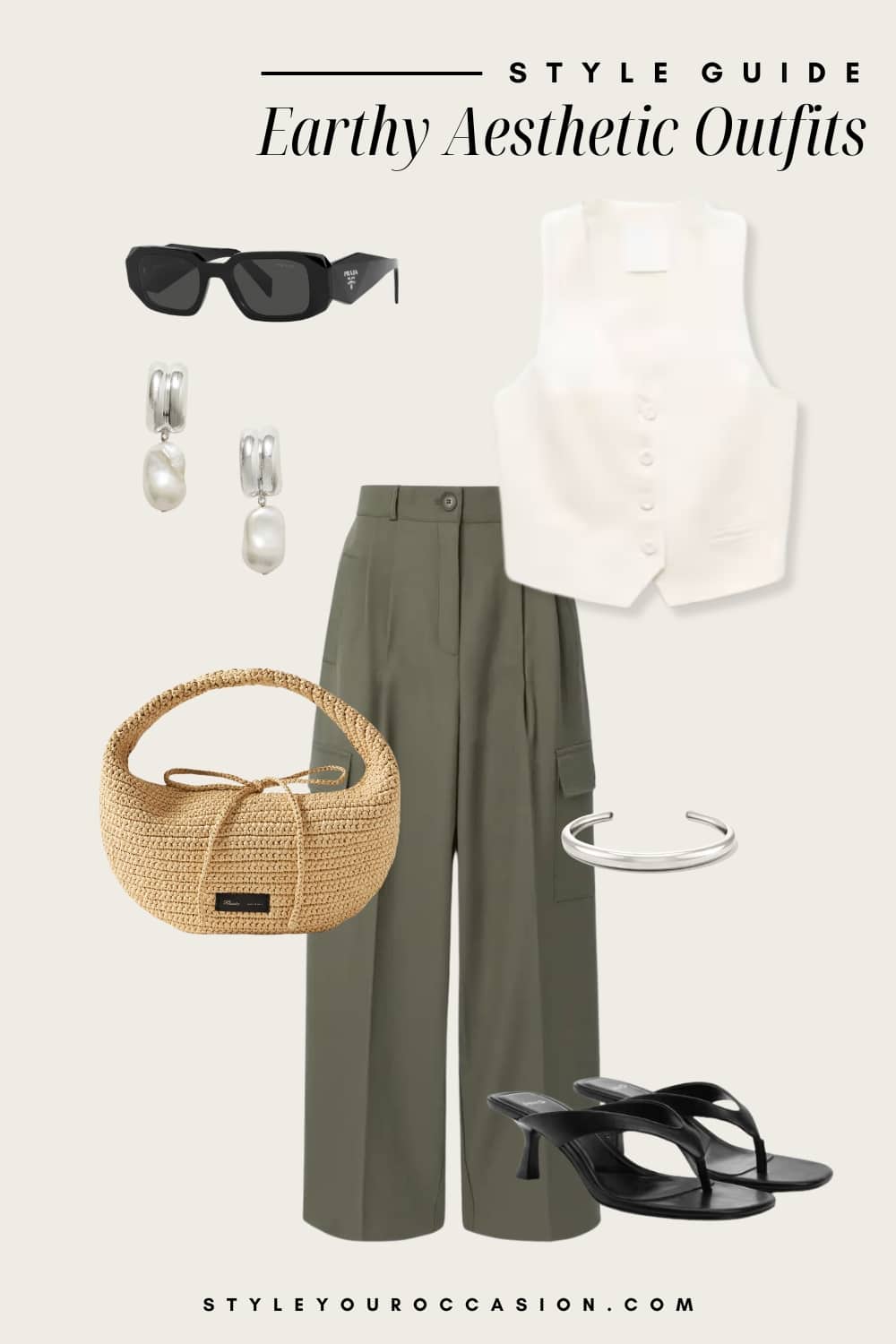 Flat lay outfit graphic of green trousers, a white vest, black heeled sandals, a raffia handbag and silver accessories.