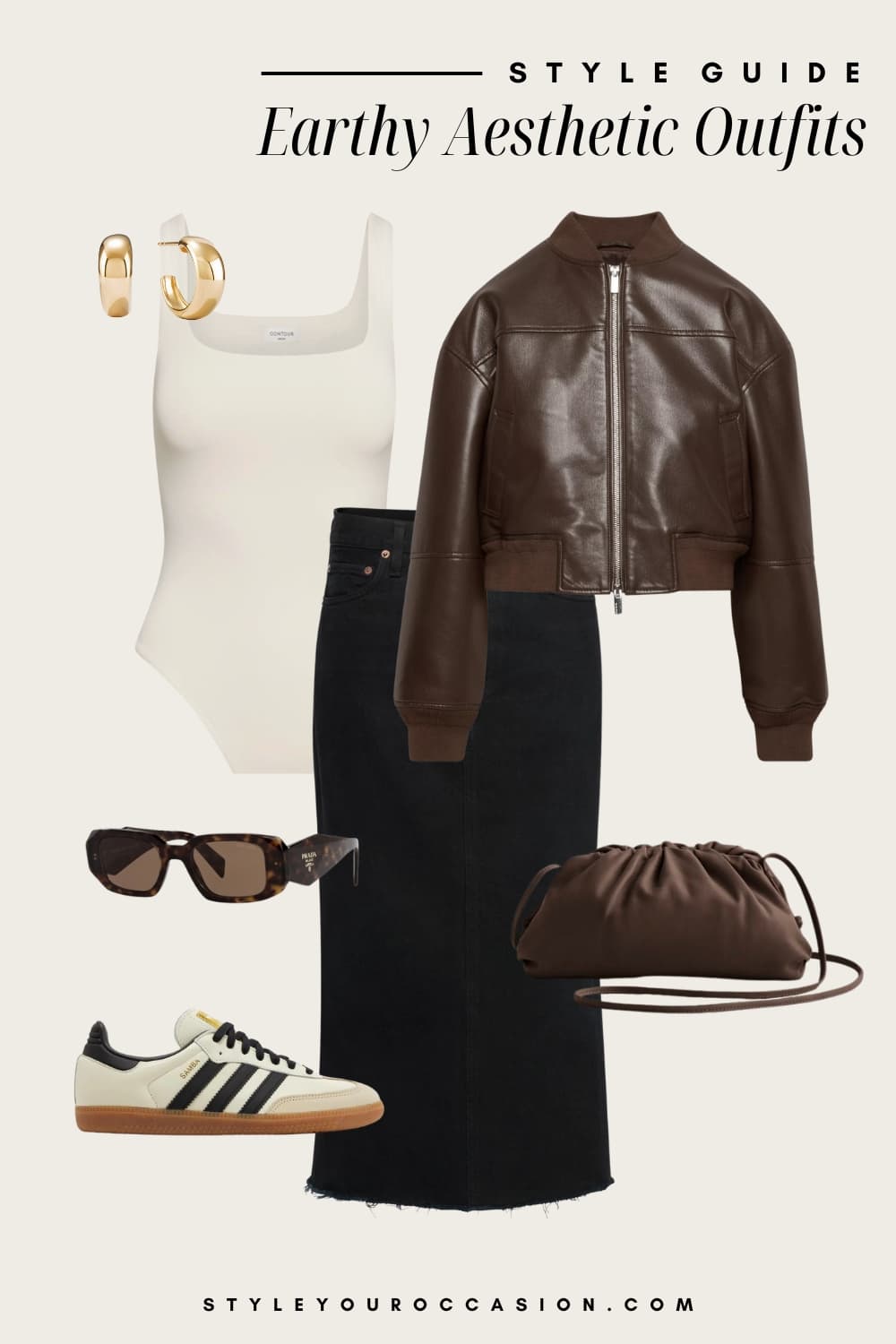 Flat lay outfit graphic of a black denim maxi skirt, a white bodysuit, a brown leather jacket, white and black sneakers and brown accessories.