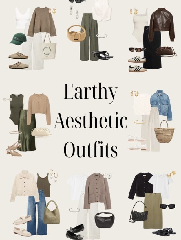 collage of eight earthy outfits with earth tone clothing and accessories