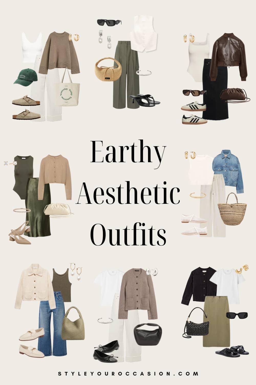 collage of eight earthy outfits with earth tone clothing and accessories