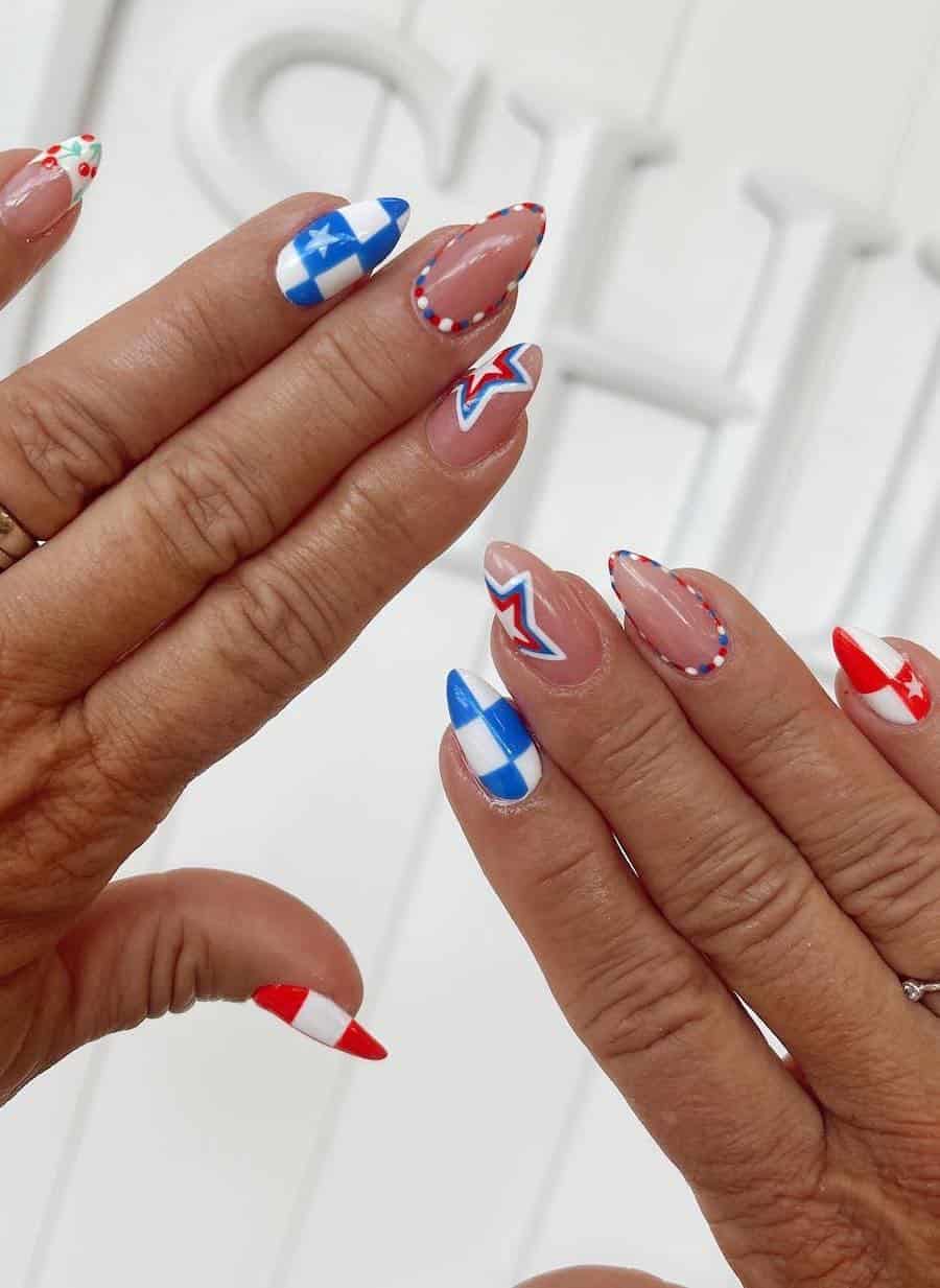 long almond nails featuring red, white, and blue checkerboard print, stars, and border details