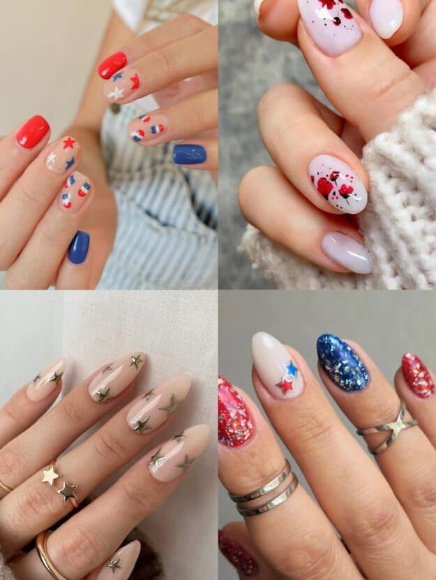 collage of four hands with Memorial Day nail designs