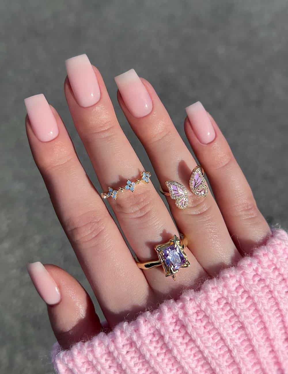 medium square nails with milky nude pink polish