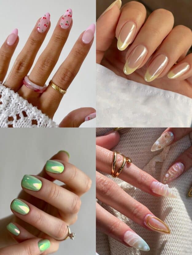 collage of four hands with summer nail trend designs including butter yellow, green chrome, cherry nail art, and 3d mermaid art