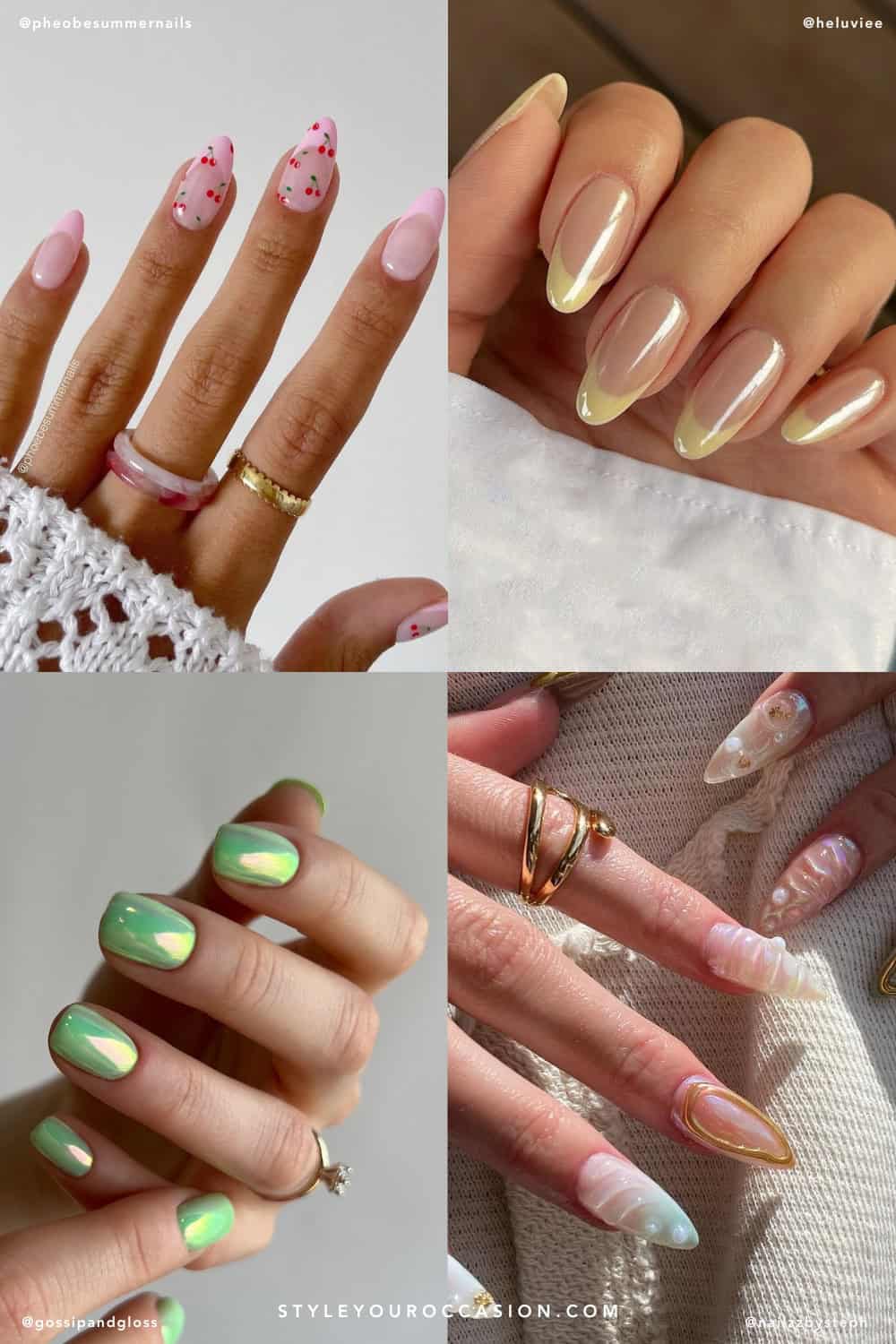 collage of four hands with summer nail trend designs including butter yellow, green chrome, cherry nail art, and 3d mermaid art