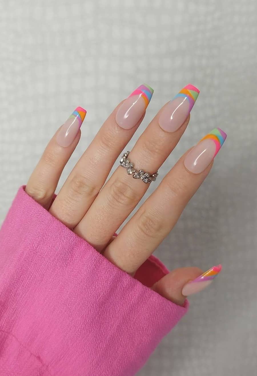 Long nude coffin nails with colorful French tips