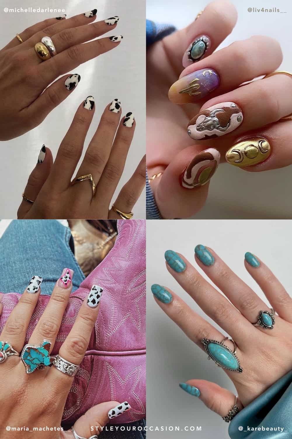 collage of four hands with country western nail designs