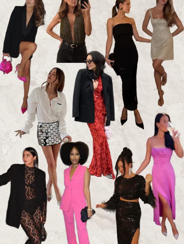 collage of several women wearing chic birthday outfits with glitter, lace, metallics, pink, and red