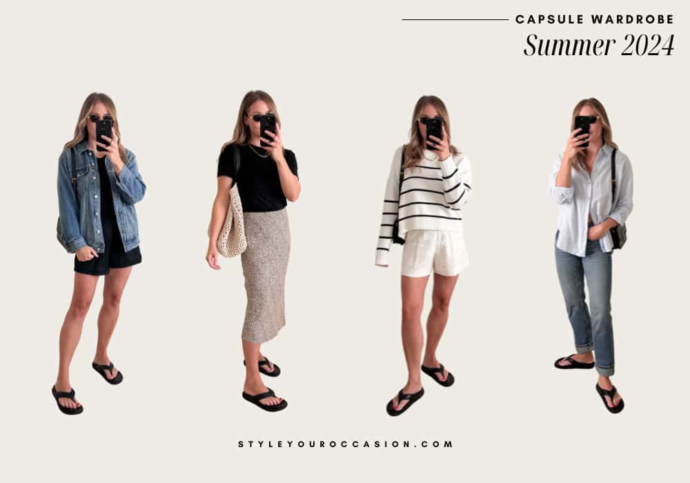 image of a woman wearing four different outfits from a summer capsule wardrobe