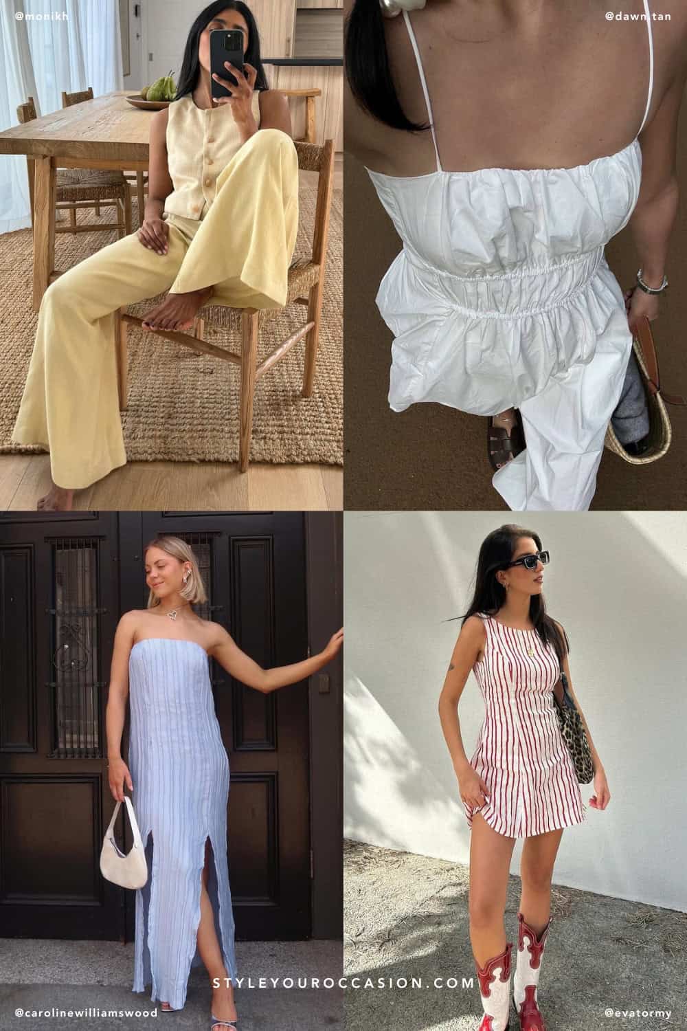 collage of four women wearing summer outfits featuring the hottest summer trends for 2024 - stripes, butter yellow ,sky blue, and white dresses