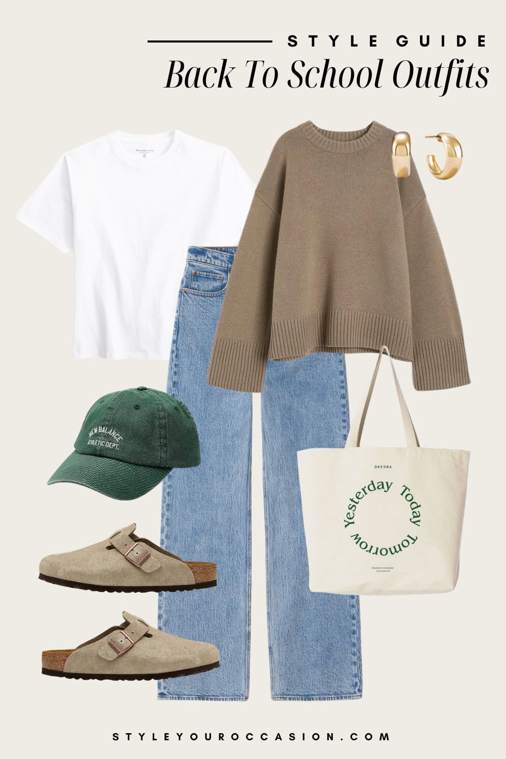 Flat lay outfit graphic of jeans, a white t-shirt, a brown oversized sweater, Birkenstock shoes and a green baseball cap.