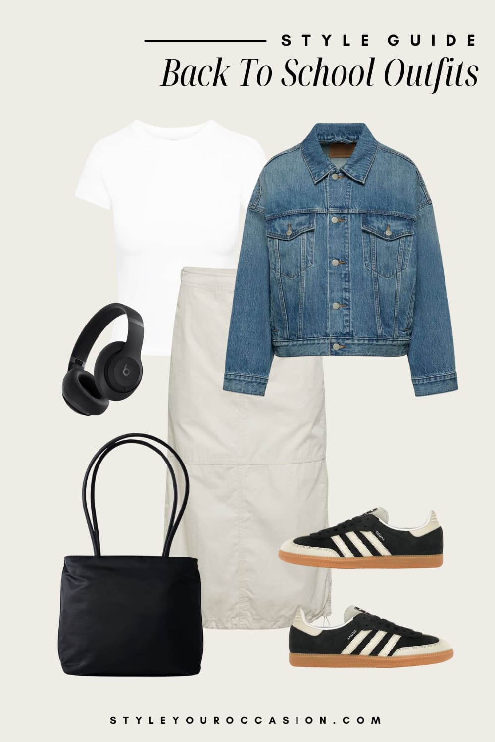 Flat lay outfit graphic of a cargo midi skirt with a white t-shirt and a denim jacket with sneakers.