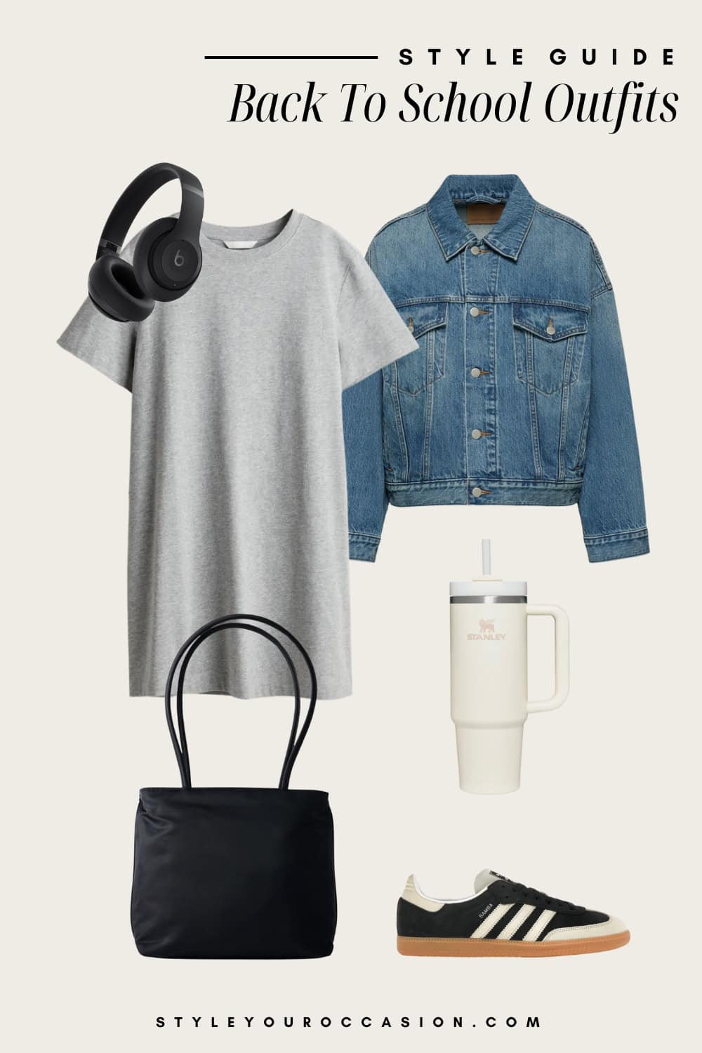 Flat lay outfit graphic of a t-shirt dress with a denim jacket and sneakers.