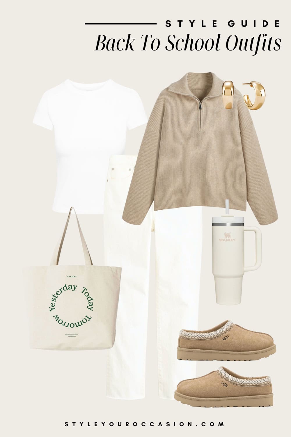 Flat lay outfit graphic of white jeans, a whit t-shirt, a tan quarter zip sweater and Ugg Tasmin shoes.