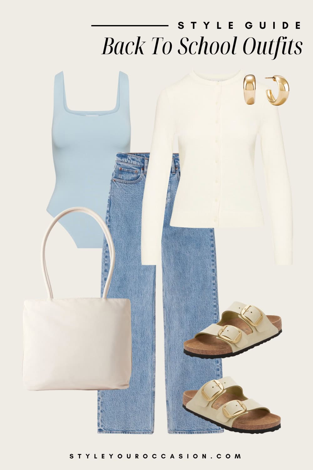 Flat lay outfit graphic of jeans, a bodysuit tank and a white long sleeve shirt with white Birkenstock sandals.