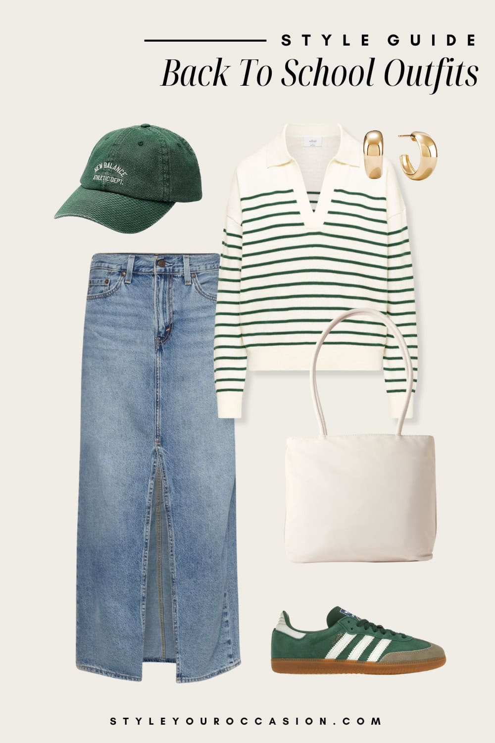 Flat lay outfit graphic of a denim midi skirt with a green and white striped collared sweater, green sneakers and a green baseball cap.