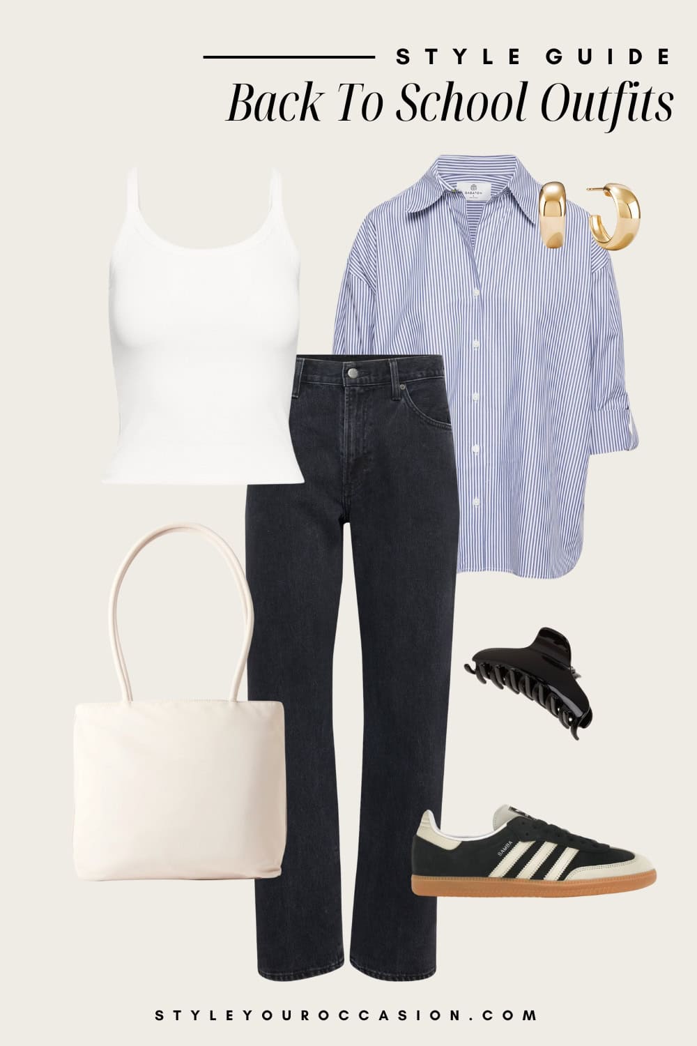 Flat lay outfit graphic of black jeans, a white tank top, a blue and white striped button down and black and white sneakers.