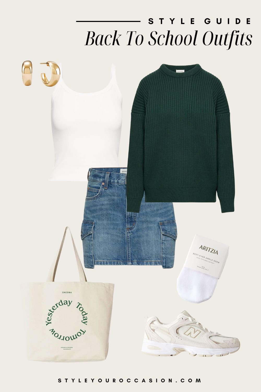 Flat lay outfit graphic of a denim cargo mini skirt with a white tank top and an oversized green sweater.