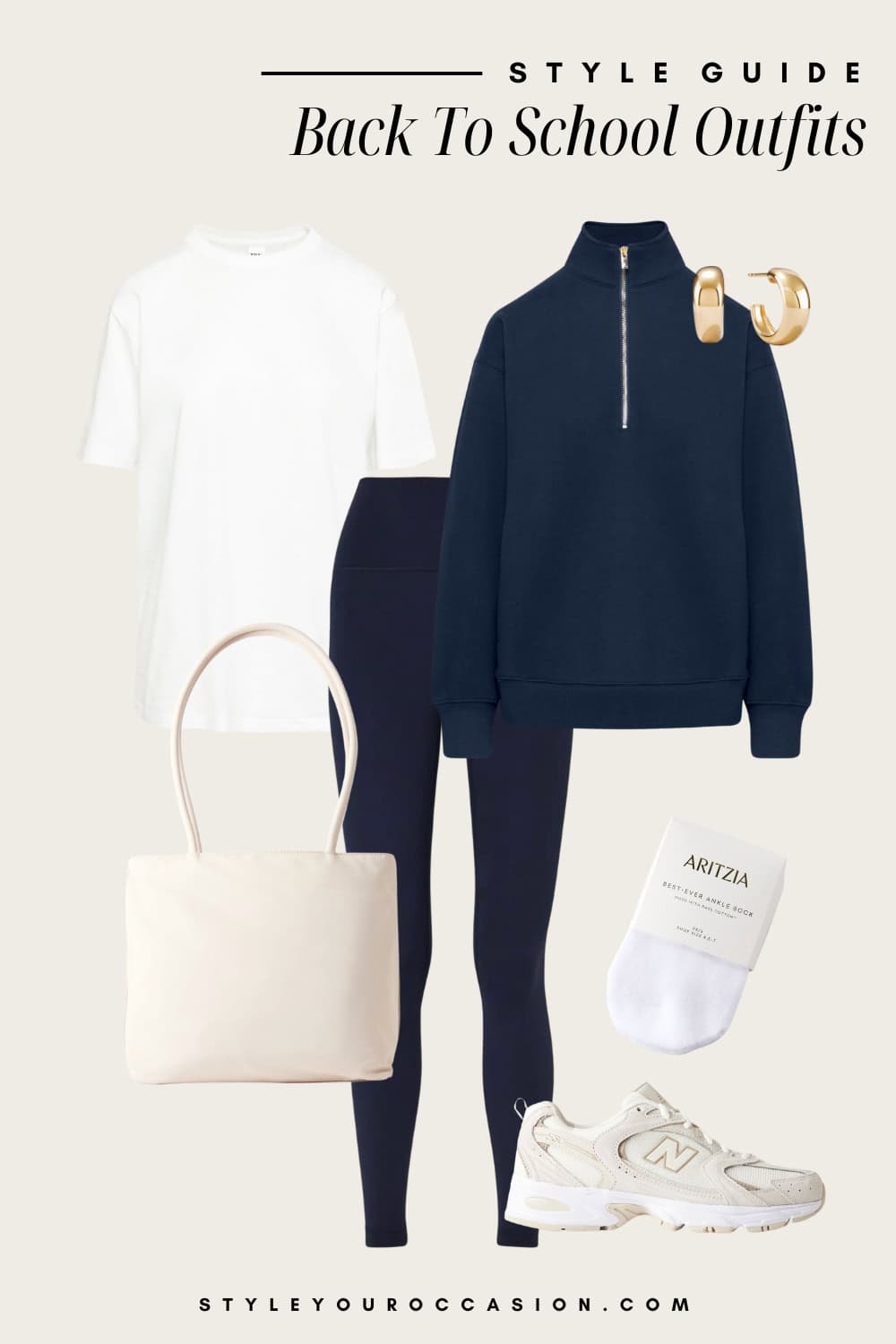 Flat lay outfit graphic of leggings, a navy quarter zip and a white baggy t-shirt with sneakers.