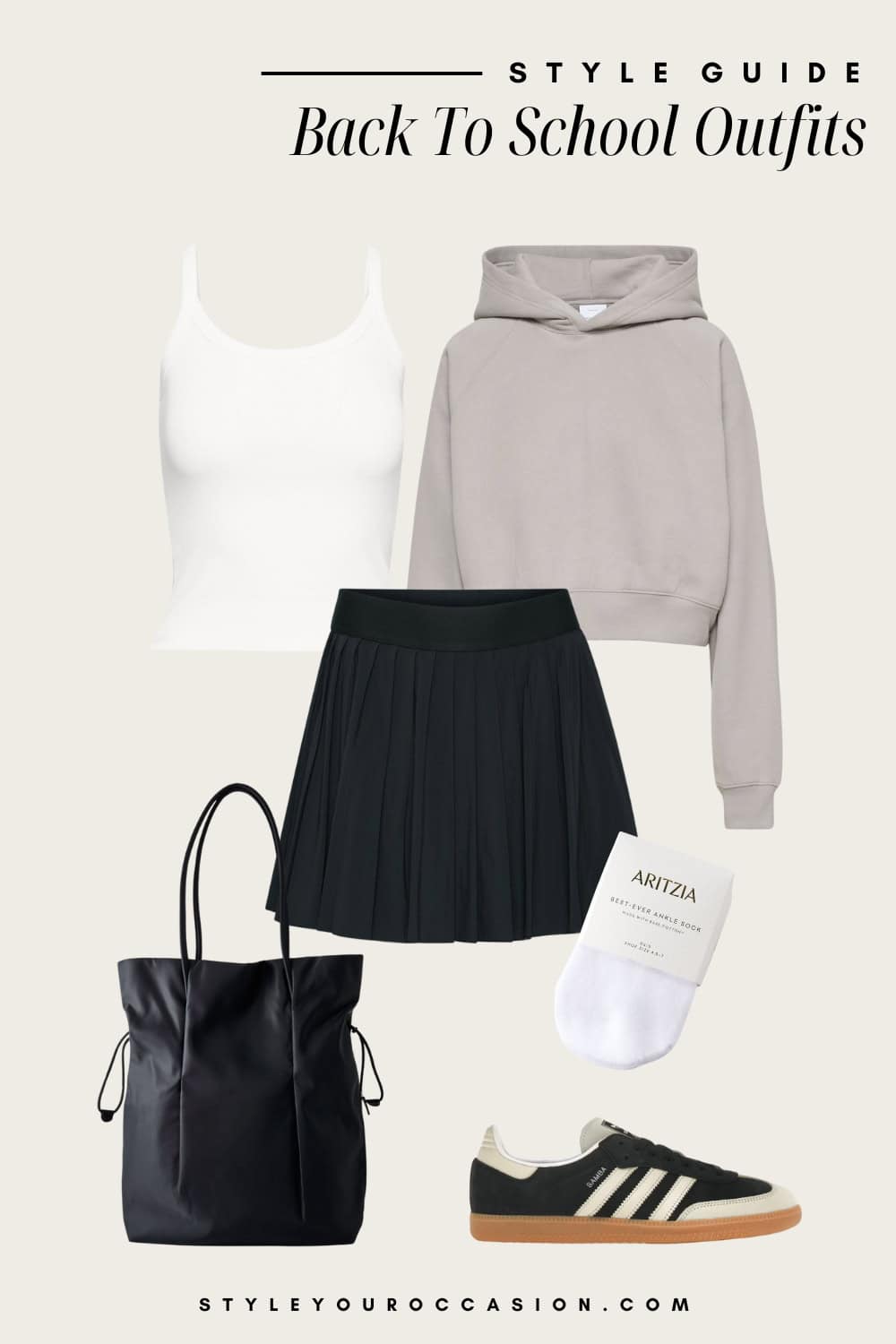 Flat lay outfit graphic of a pleated tennis skirt with a white tank top and a grey hoodie with sneakers.