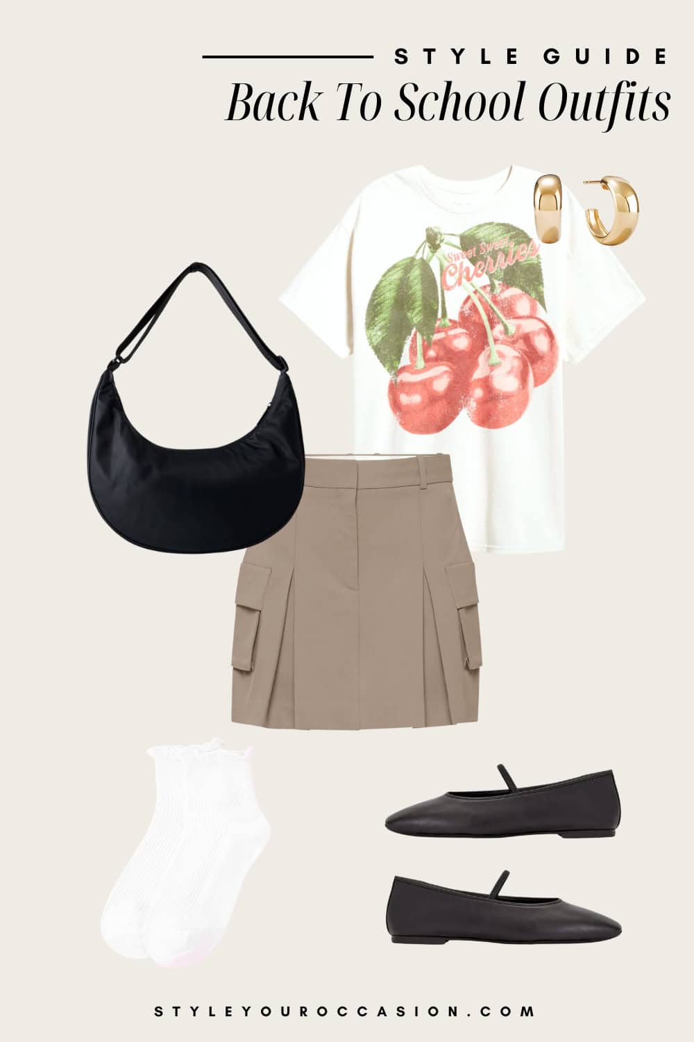 Flat lay outfit graphic of tan cargo mini skirt with a white graphic tee and ballet flats.