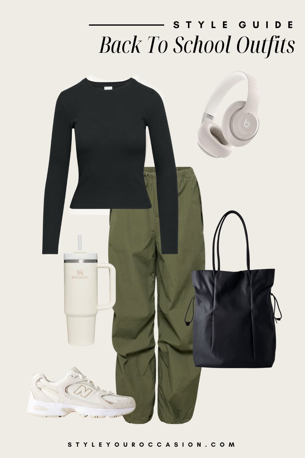 Flat lay outfit graphic of green cargo joggers, a black long sleeve shirt and sneakers.