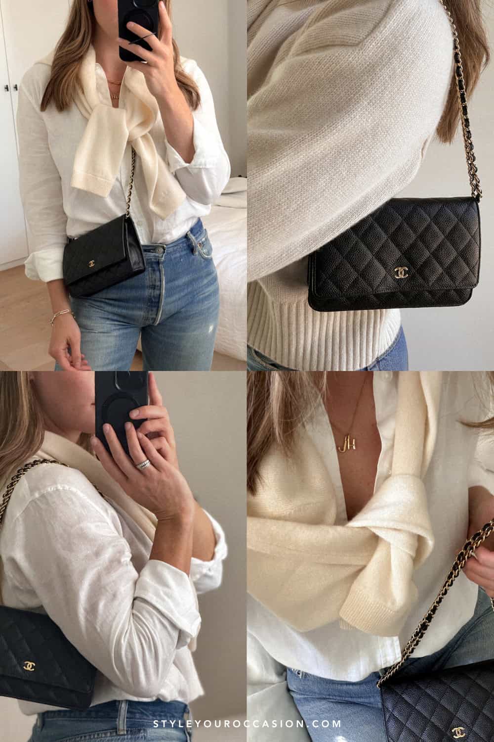 collage of a woman wearing a neutral outfit with a Chanel wallet on chain