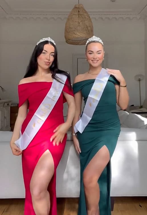 Two women dressed up as pageant queens on Halloween.
