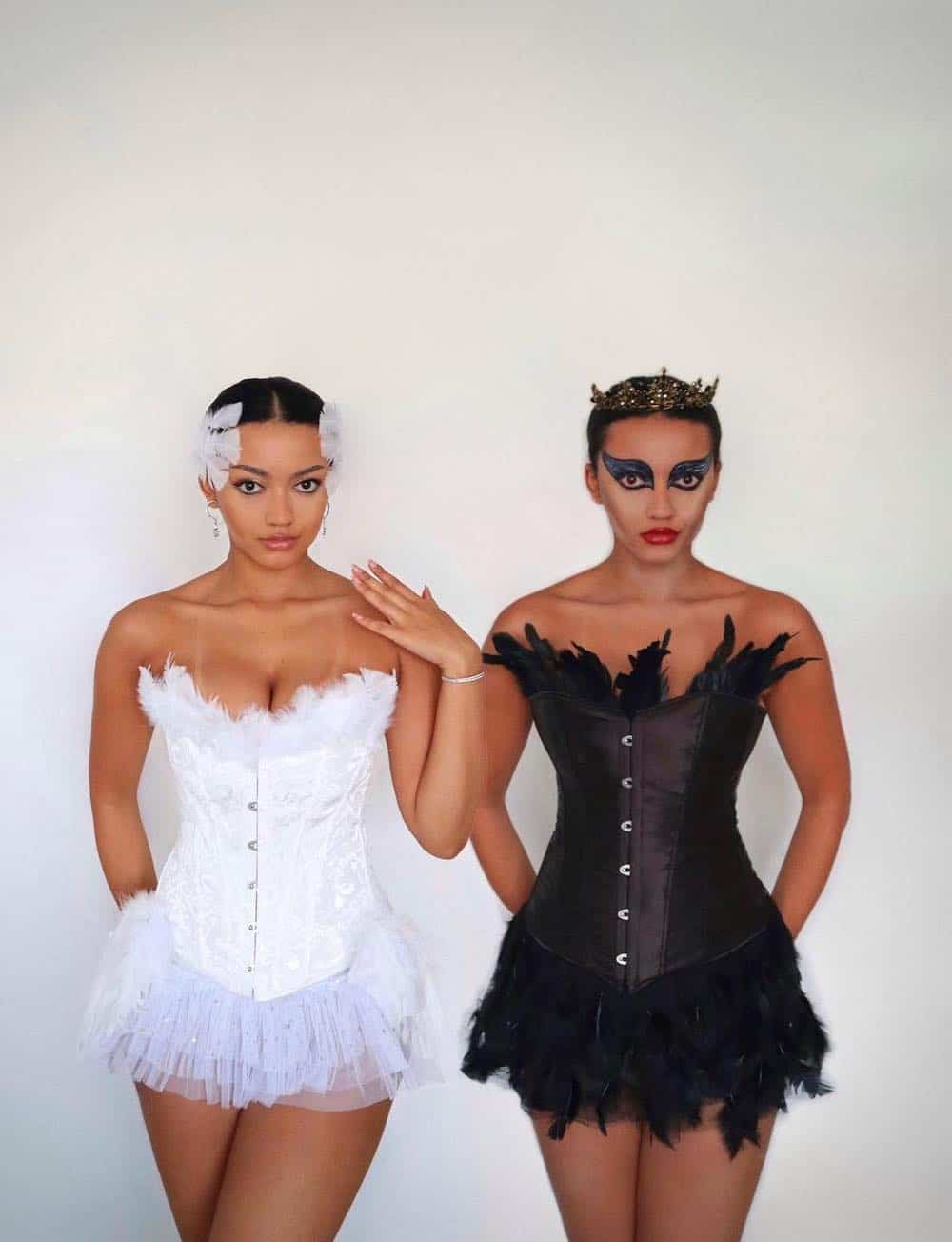 Two women dressed up as ballerinas from Black Swan on Halloween.