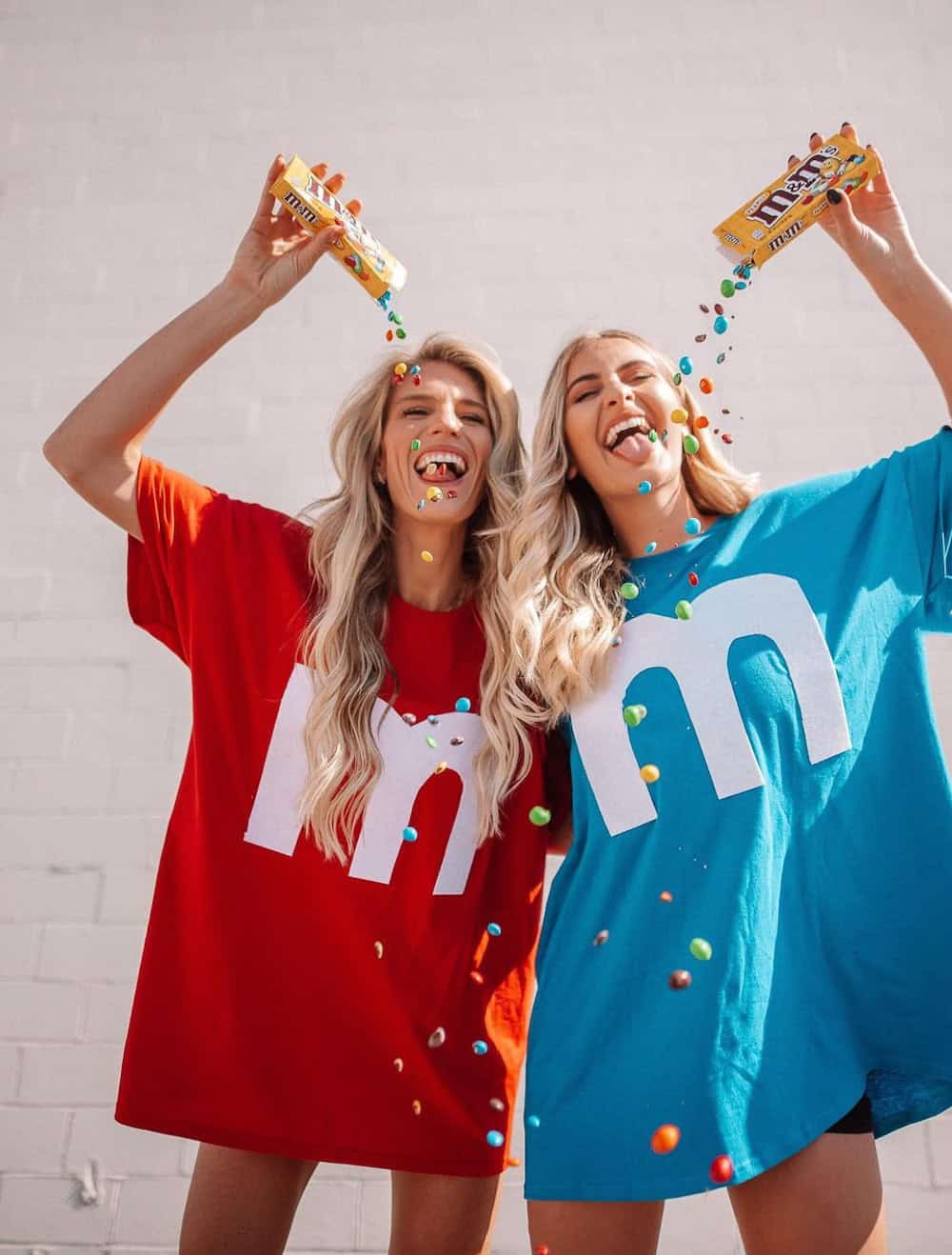 Two women dressed up as M&Ms on Halloween.