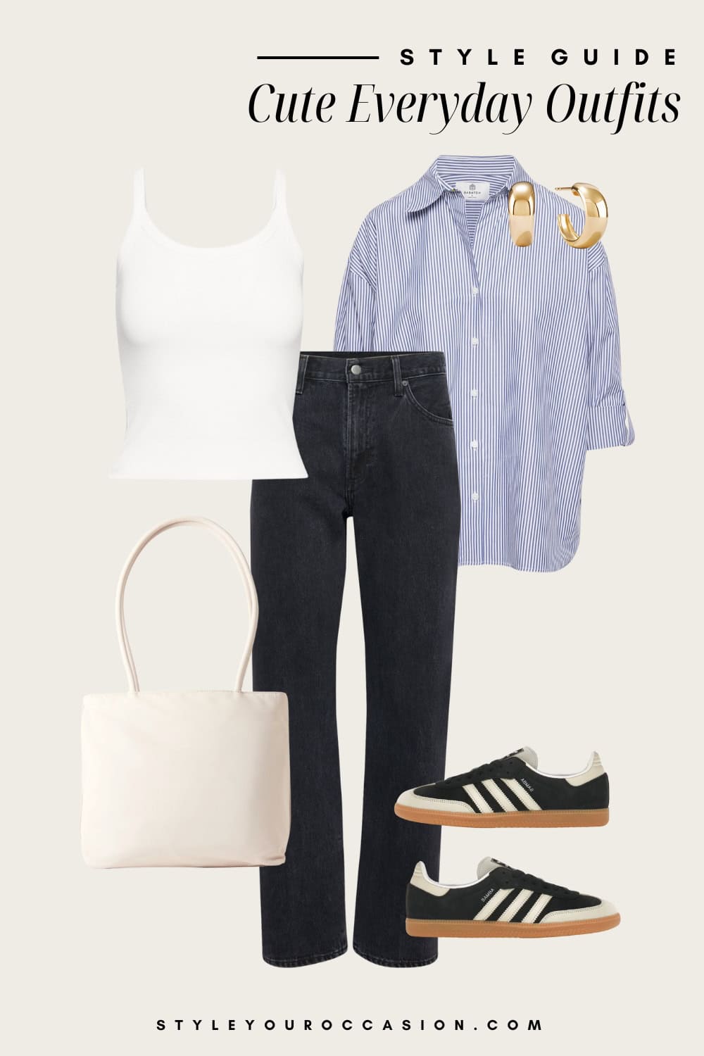 Flat lay outfit graphic of black jeans, a white tank top, and oversized blue and white stripped button down and sneakers.