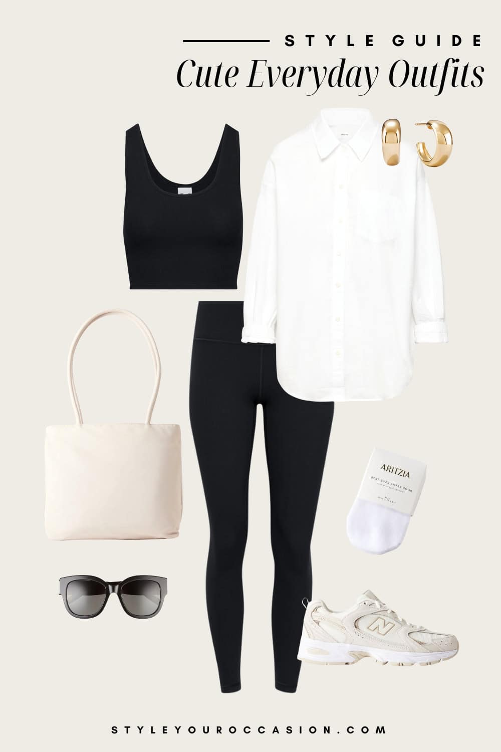 Flat lay outfit graphic of leggings, a black tank top, an oversized button down and white sneakers.