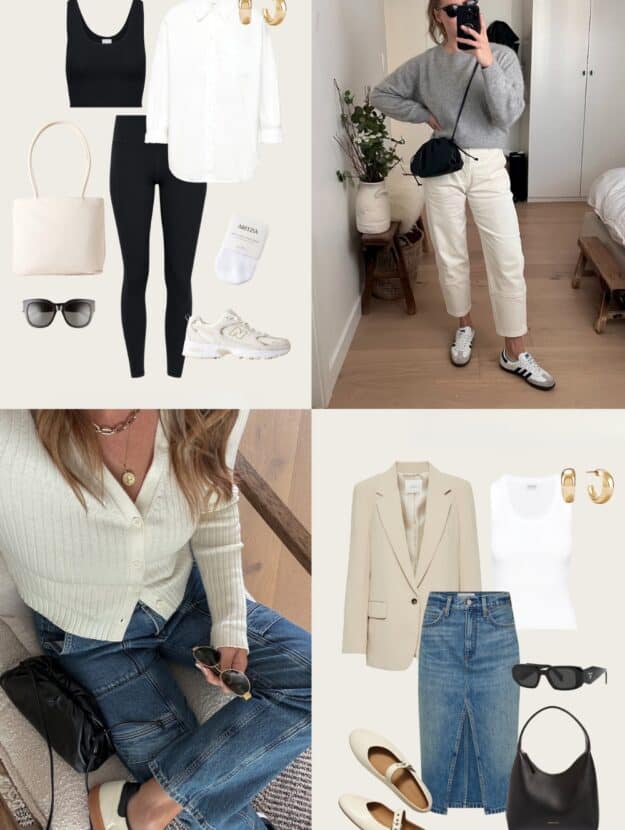 collage of four cute everyday outfits with jeans, sneakers, and casual elements