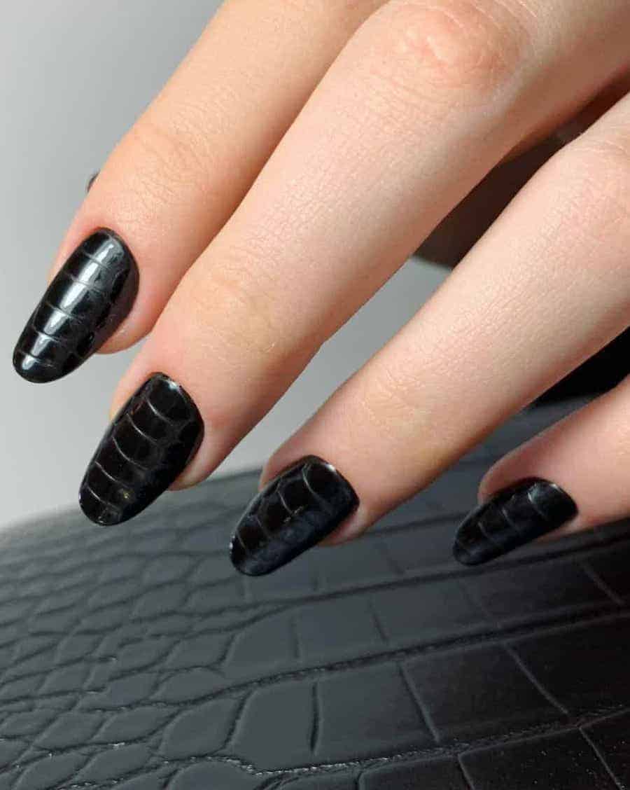 medium black croc-embossed almond nails