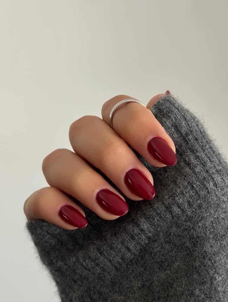 short burgundy red almond nails