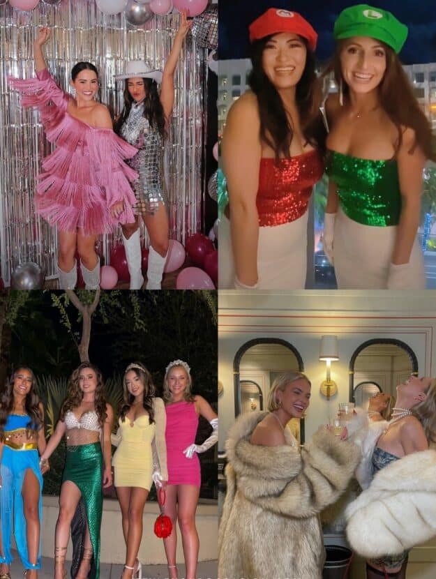 collage of four images with groups of women best friends dressed up for halloween