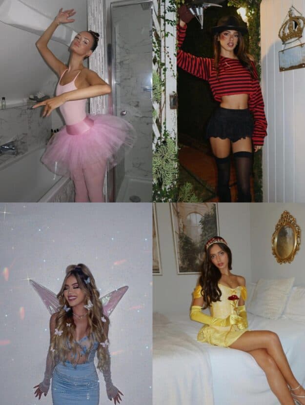 collage of four women wearing cute halloween costumes