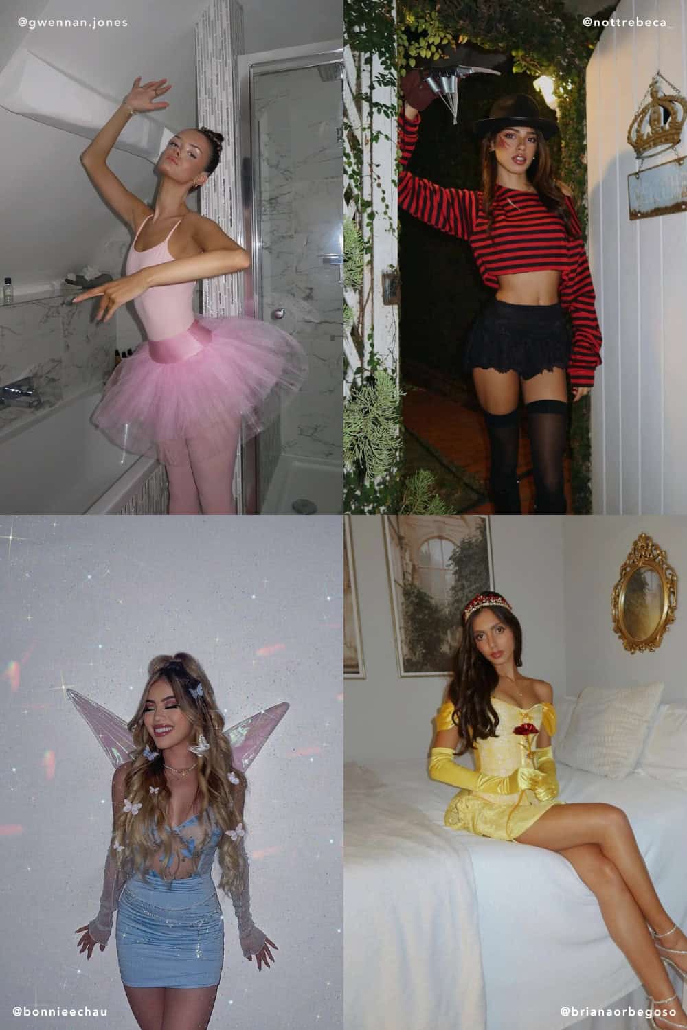collage of four women wearing cute halloween costumes