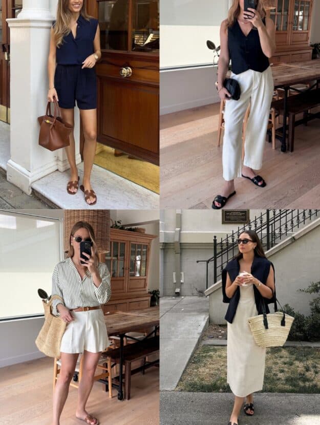 collage of four images of women wearing expensive-looking summer outfits