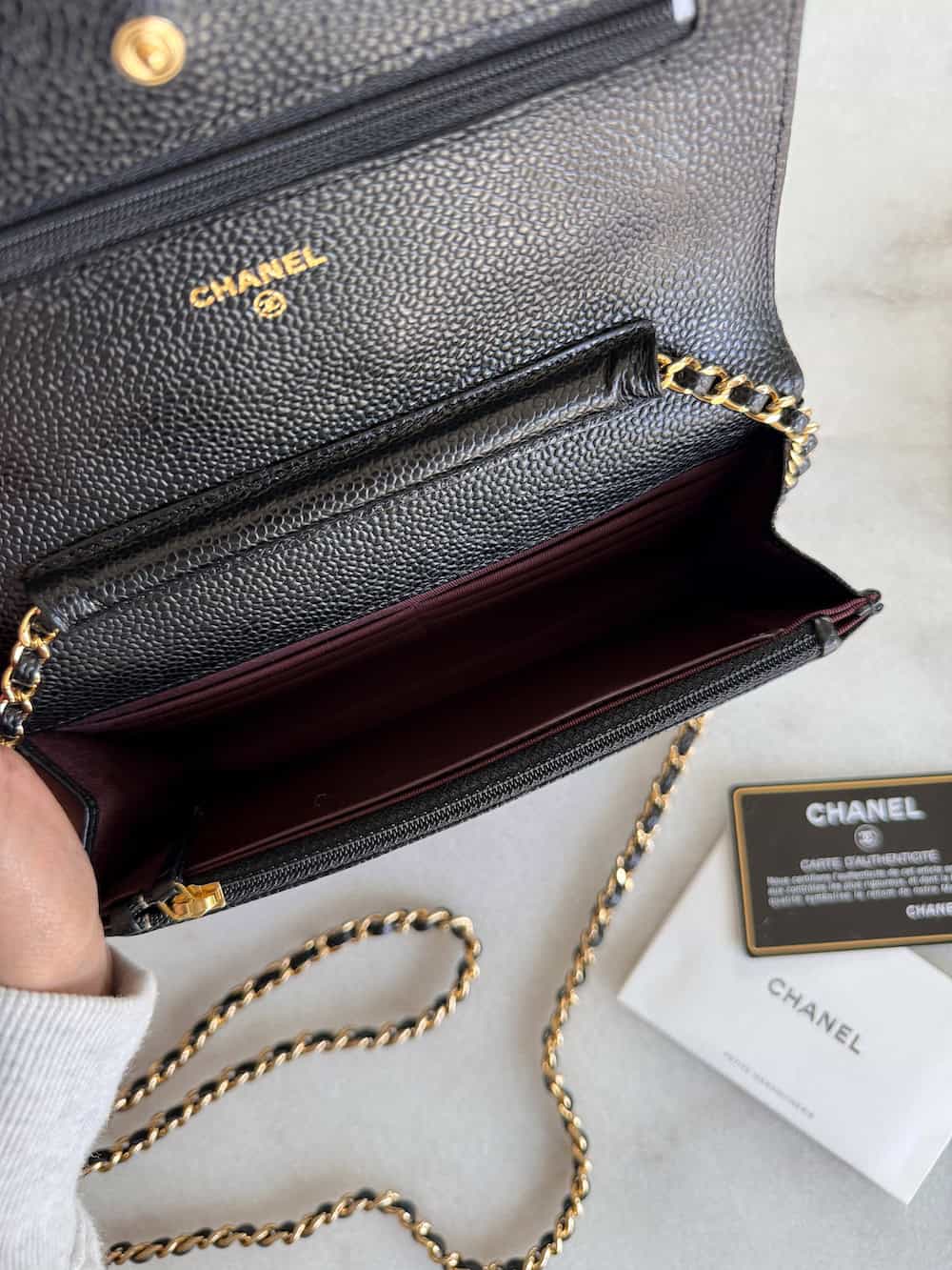 image of the inside of a Chanel WOC bag