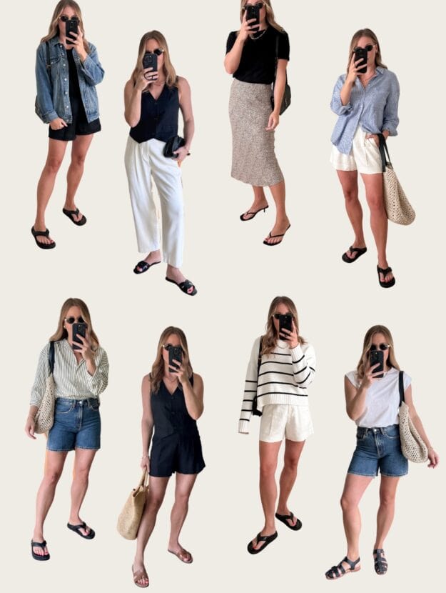 collage of a woman wearing eight different stylish summer outfits